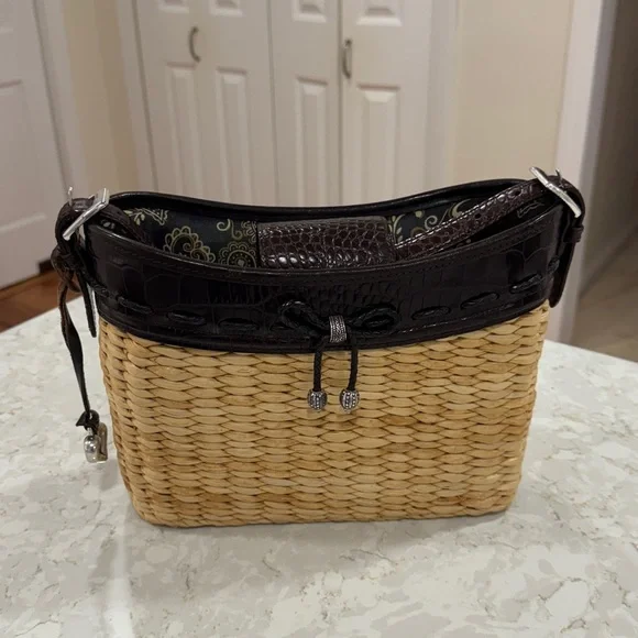 BRIGHTON Wicker Straw Purse Shoulder Bag Dark Brown Croc Leather Trim - Picture 1 of 11